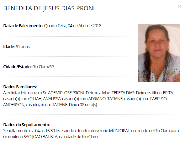 Falecimentos e Sepultamentos – 04/04/2018 – 05/04/2018 - Grupo Rio Claro SP
