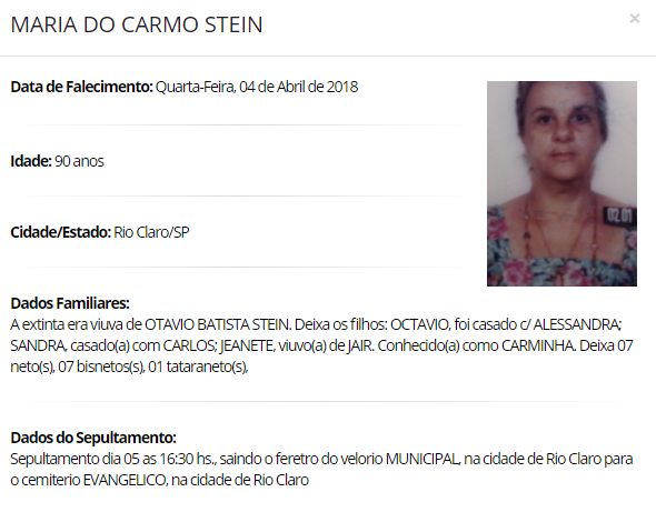 Falecimentos e Sepultamentos – 04/04/2018 – 05/04/2018 - Grupo Rio Claro SP