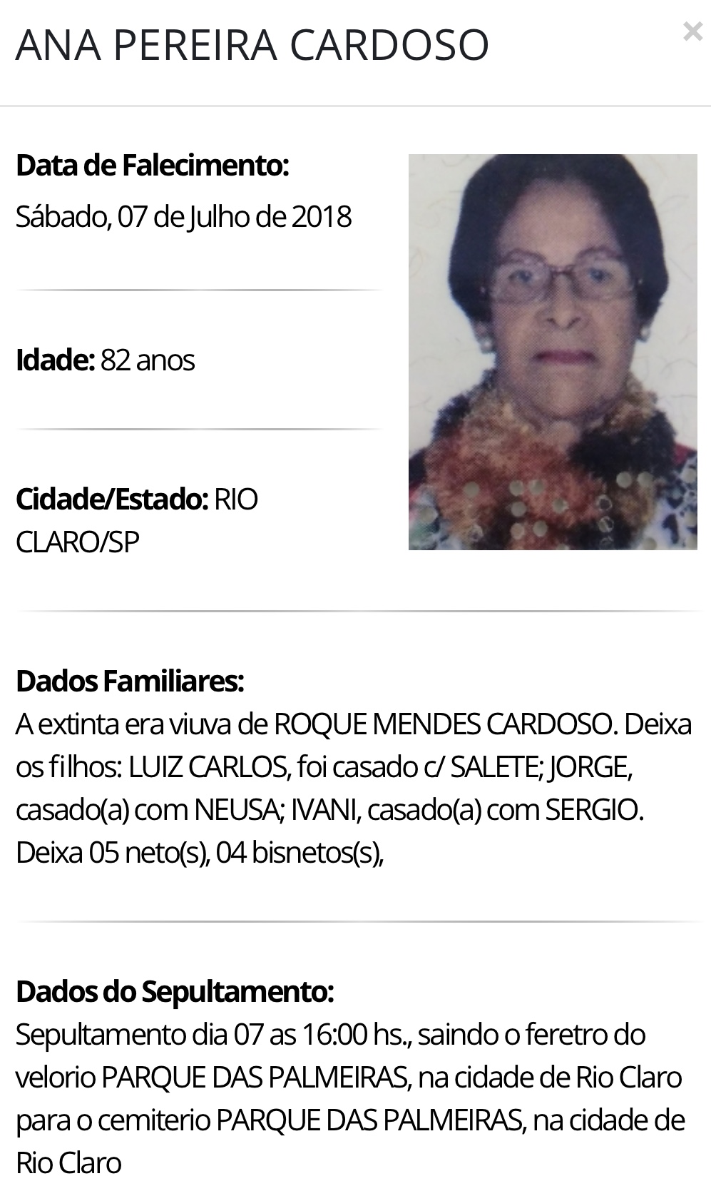 Falecimentos e Sepultamentos – 07/07/2018 – 08/07/2018 - Grupo Rio Claro SP