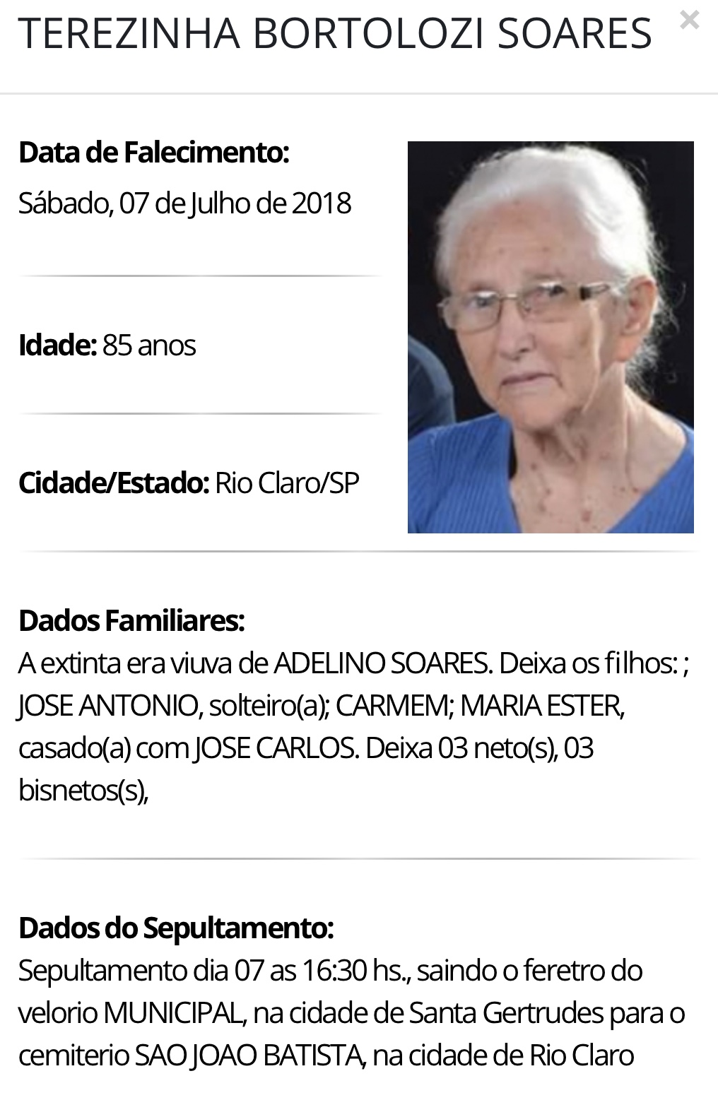Falecimentos e Sepultamentos – 07/07/2018 – 08/07/2018 - Grupo Rio Claro SP