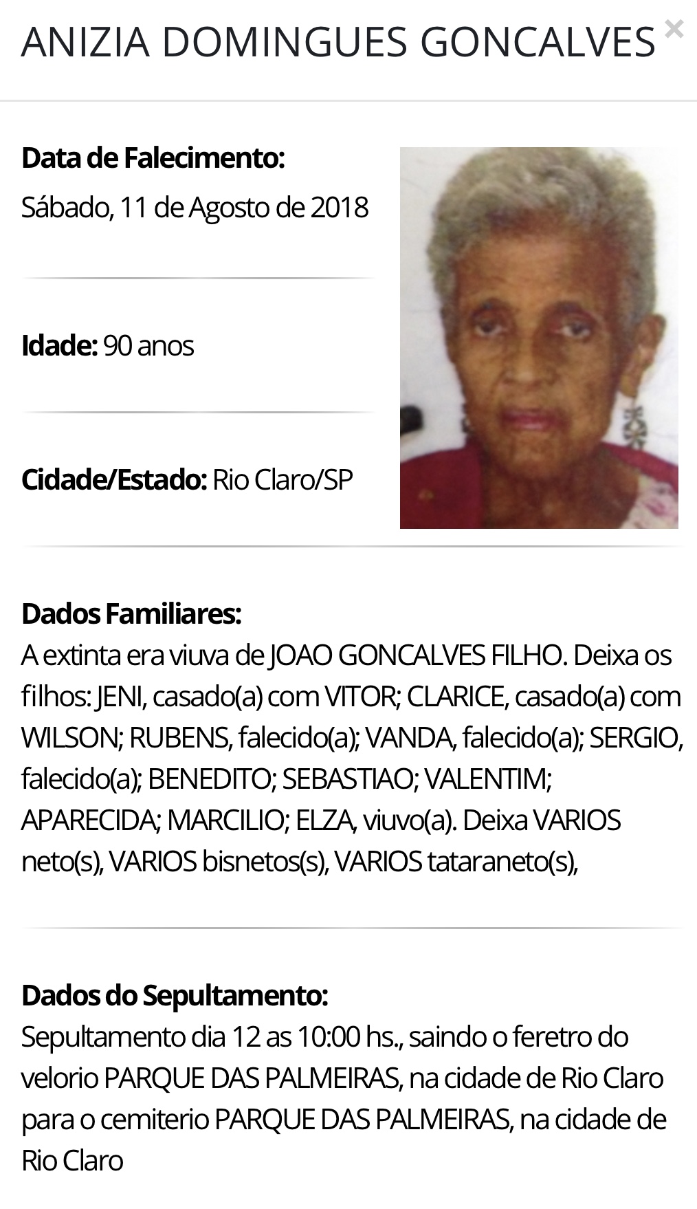 Falecimentos e Sepultamentos – 10/08/2018 – 12/08/2018 - Grupo Rio Claro SP
