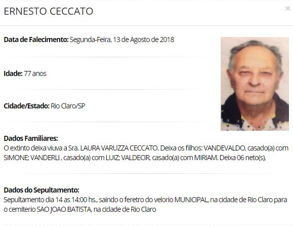 Falecimentos e Sepultamentos – 13/08/2018 – 14/08/2018 - Grupo Rio Claro SP