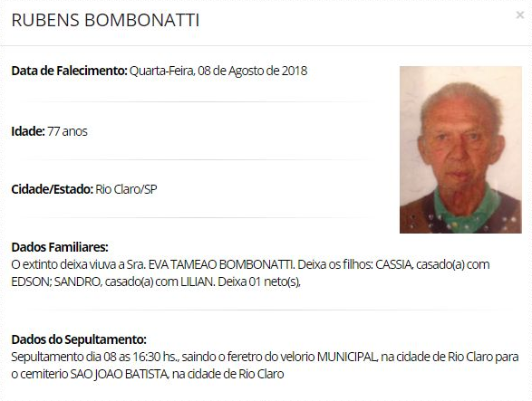 Falecimentos e Sepultamentos – 08/08/2018 – 09/08/2018 - Grupo Rio Claro SP