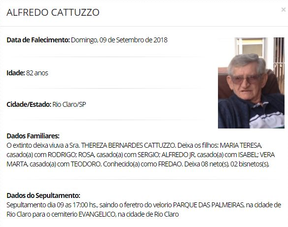 Falecimentos e Sepultamentos – 09/09/2018 – 10/09/2018 - Grupo Rio Claro SP