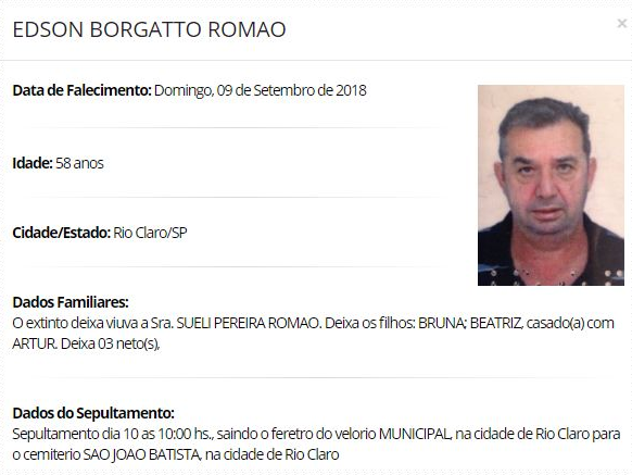Falecimentos e Sepultamentos – 09/09/2018 – 10/09/2018 - Grupo Rio Claro SP