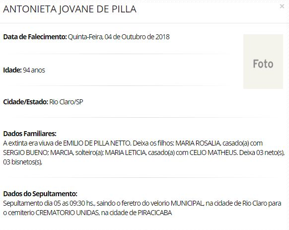 Falecimentos e Sepultamentos – 10/10/2018 – 11/10/2018 - Grupo Rio Claro SP