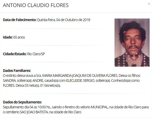 Falecimentos e Sepultamentos – 10/10/2018 – 11/10/2018 - Grupo Rio Claro SP