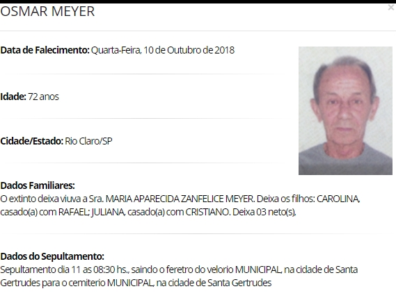Falecimentos e Sepultamentos – 10/10/2018 – 11/10/2018 - Grupo Rio Claro SP