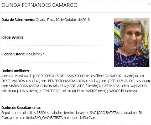 Falecimentos e Sepultamentos – 10/10/2018 – 11/10/2018 - Grupo Rio Claro SP