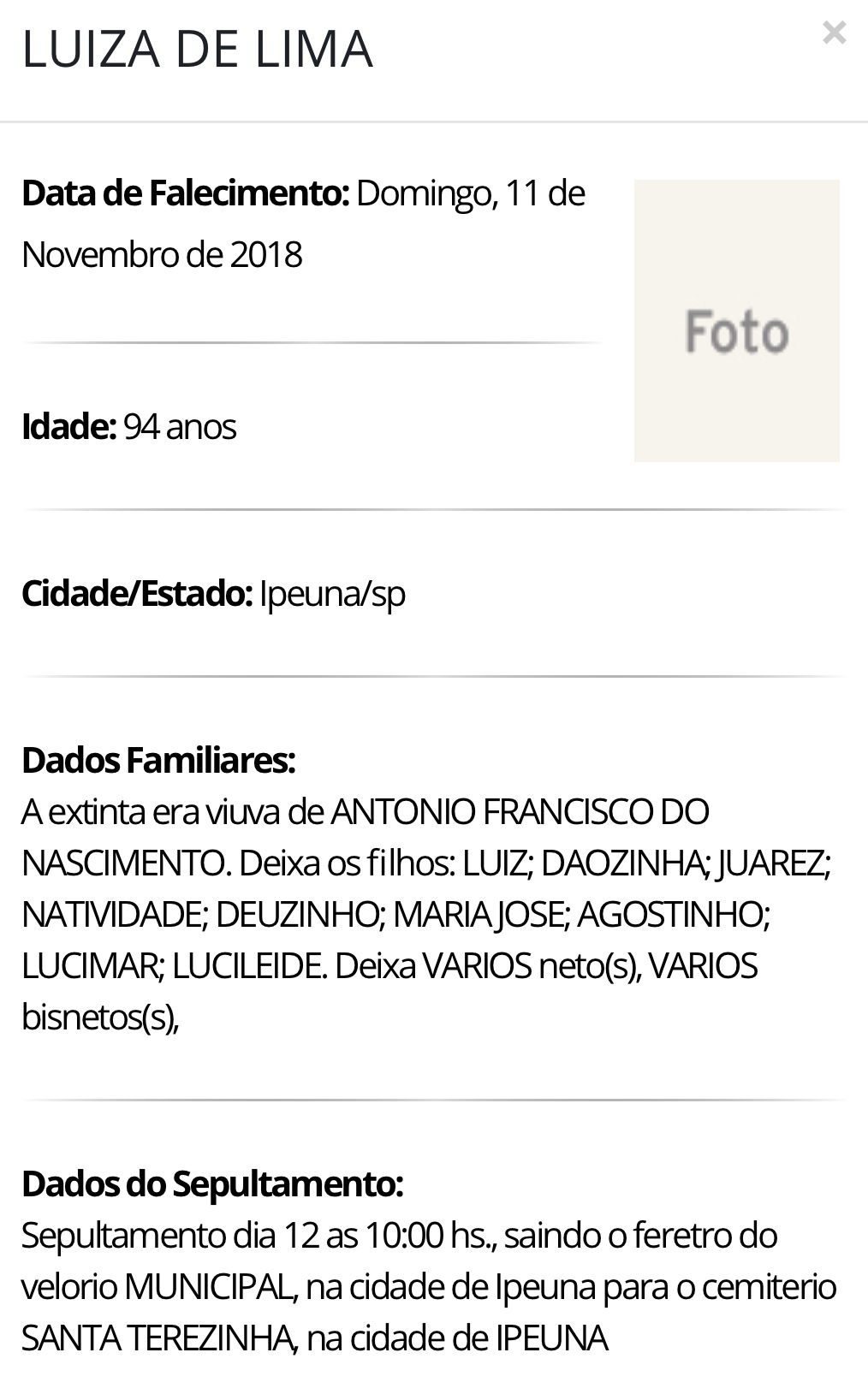 Falecimentos e Sepultamentos – 11/11/2018 – 12/11/2018 - Grupo Rio Claro SP