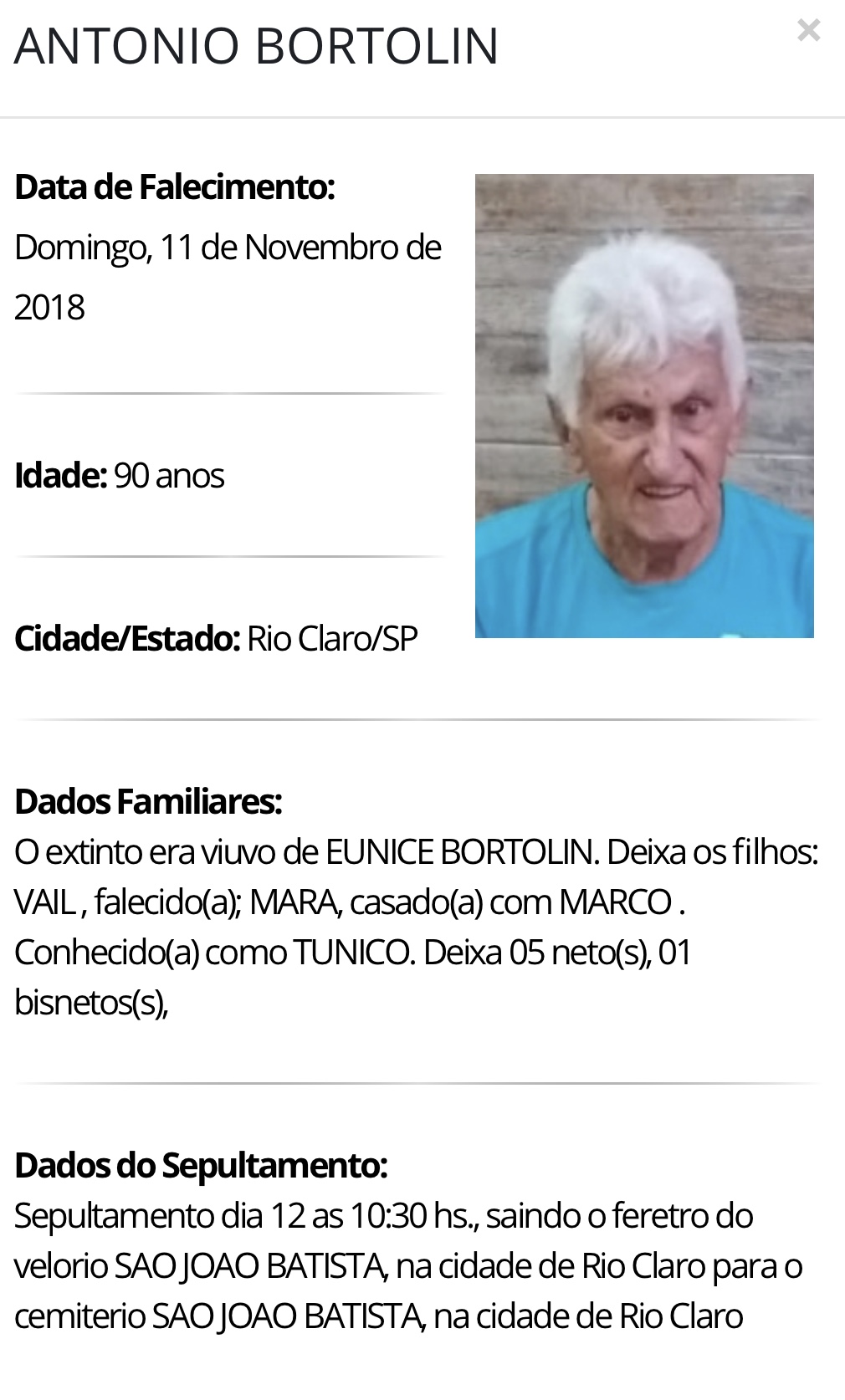 Falecimentos e Sepultamentos – 11/11/2018 – 12/11/2018 - Grupo Rio Claro SP