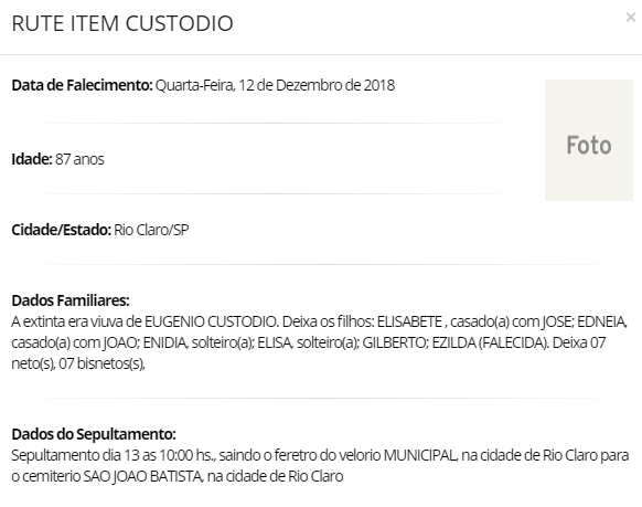 Falecimentos e Sepultamentos – 12/12/2018 – 13/12/2018 - Grupo Rio Claro SP