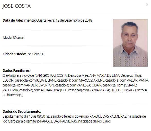 Falecimentos e Sepultamentos – 12/12/2018 – 13/12/2018 - Grupo Rio Claro SP