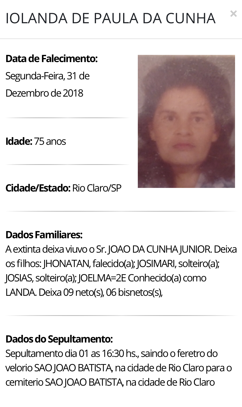 Falecimentos e Sepultamentos – 31/12/2018 – 01/01/2019 - Grupo Rio Claro SP