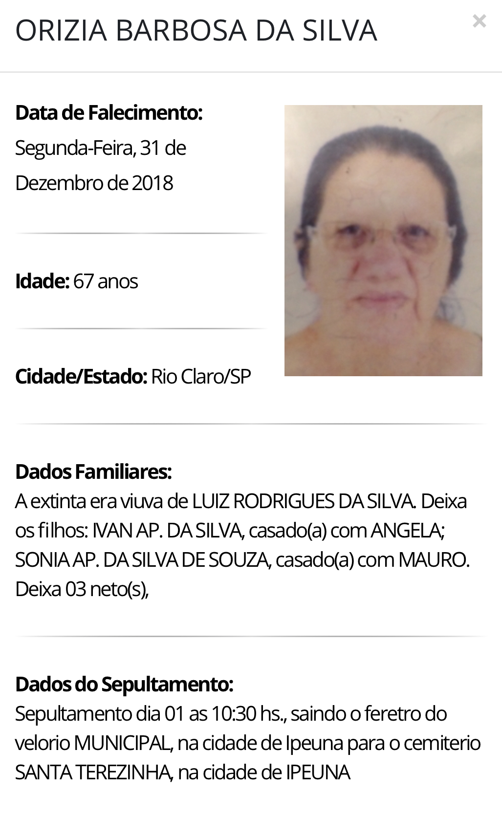 Falecimentos e Sepultamentos – 31/12/2018 – 01/01/2019 - Grupo Rio Claro SP