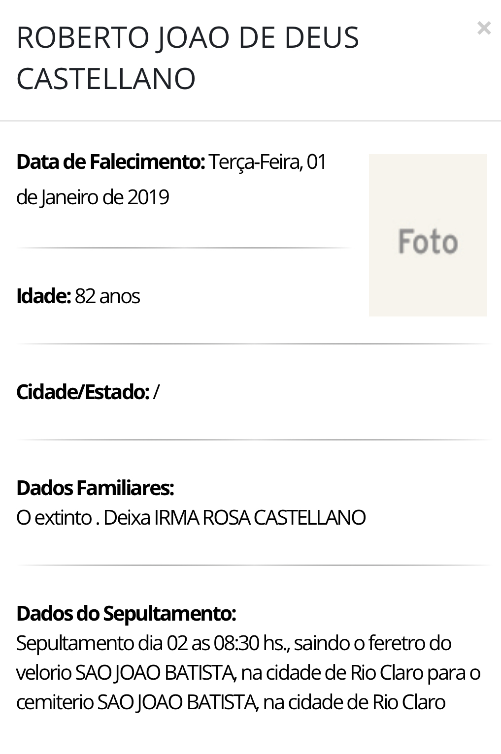 Falecimentos e Sepultamentos – 01/01/2019 – 02/01/2019 - Grupo Rio Claro SP