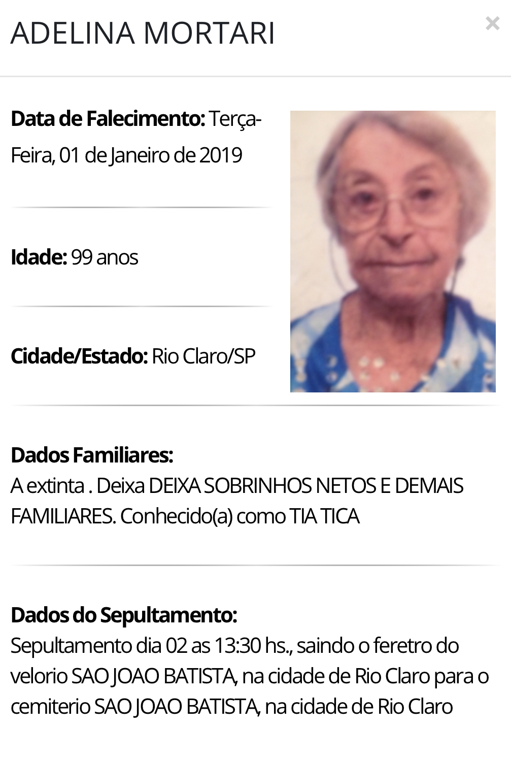 Falecimentos e Sepultamentos – 01/01/2019 – 02/01/2019 - Grupo Rio Claro SP