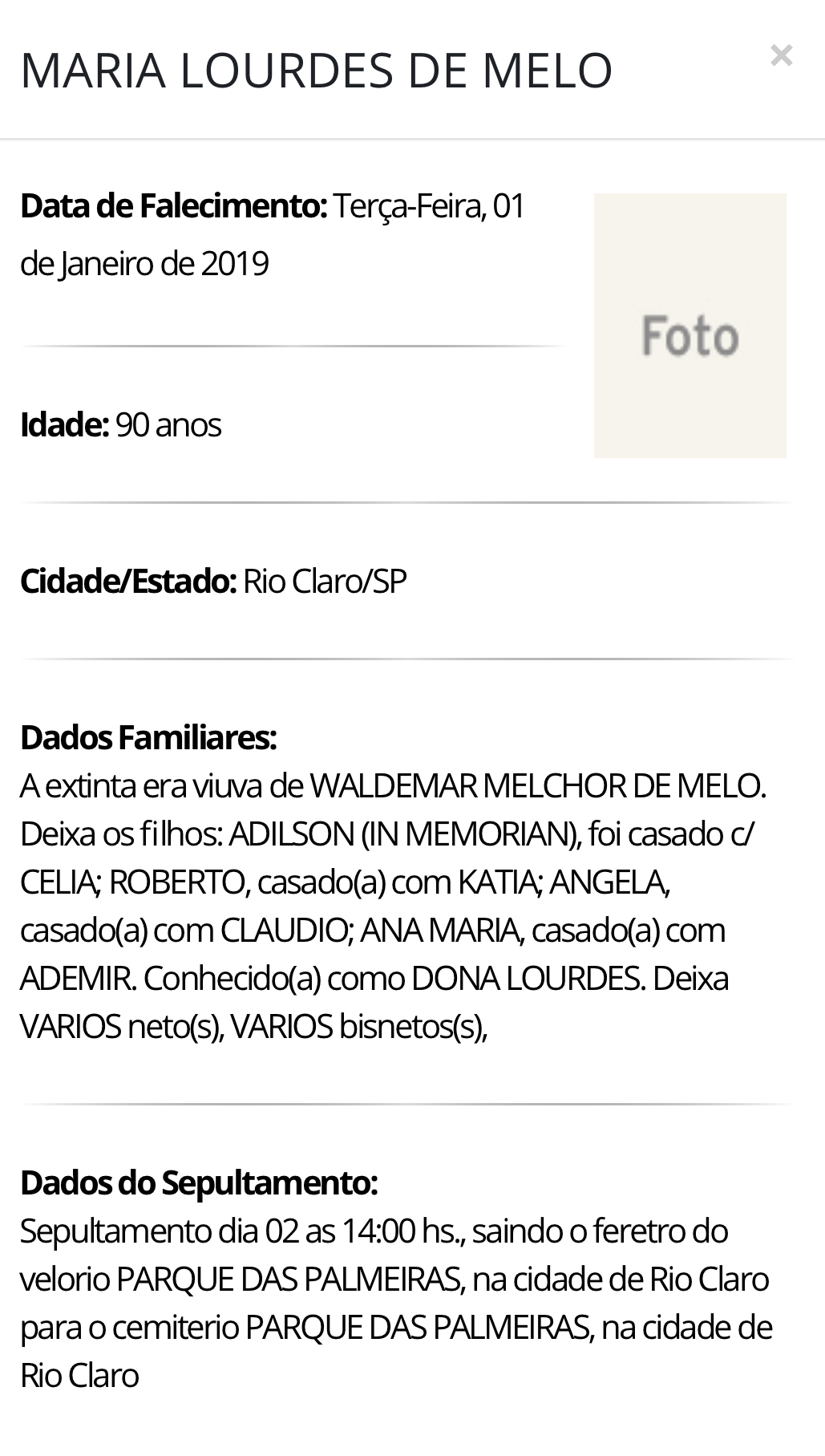 Falecimentos e Sepultamentos – 01/01/2019 – 02/01/2019 - Grupo Rio Claro SP