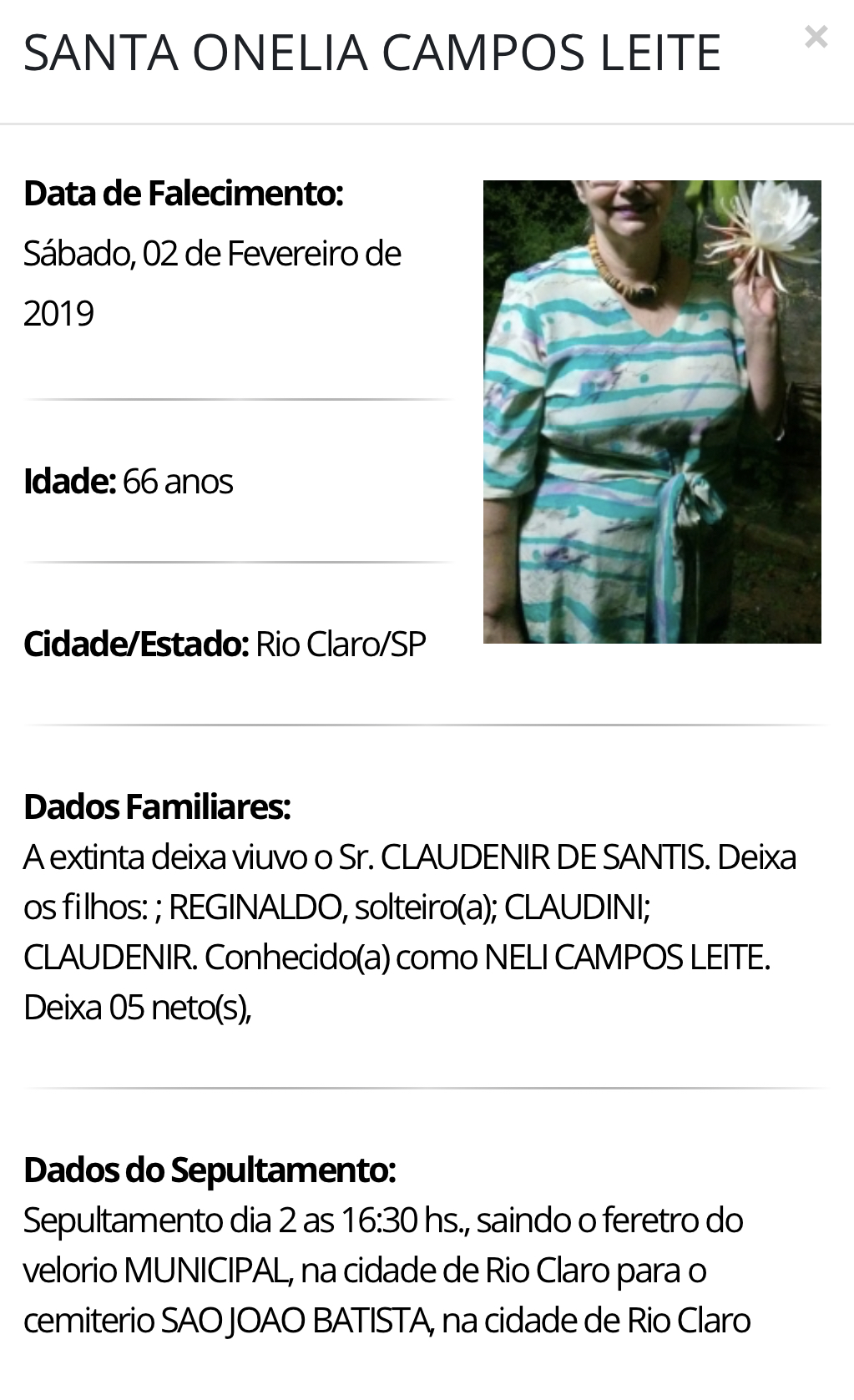 Falecimentos e Sepultamentos – 02/02/2019 – 03/02/2019 - Grupo Rio Claro SP