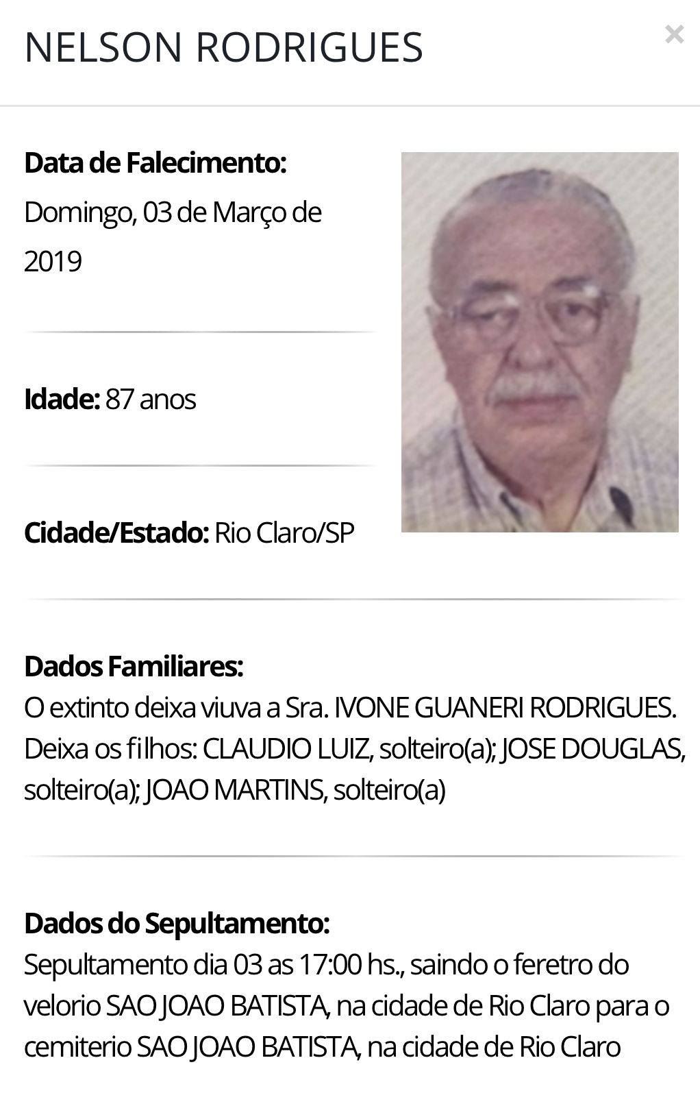 Falecimentos e Sepultamentos – 03/03/2019 – 04/03/2019 - Grupo Rio Claro SP