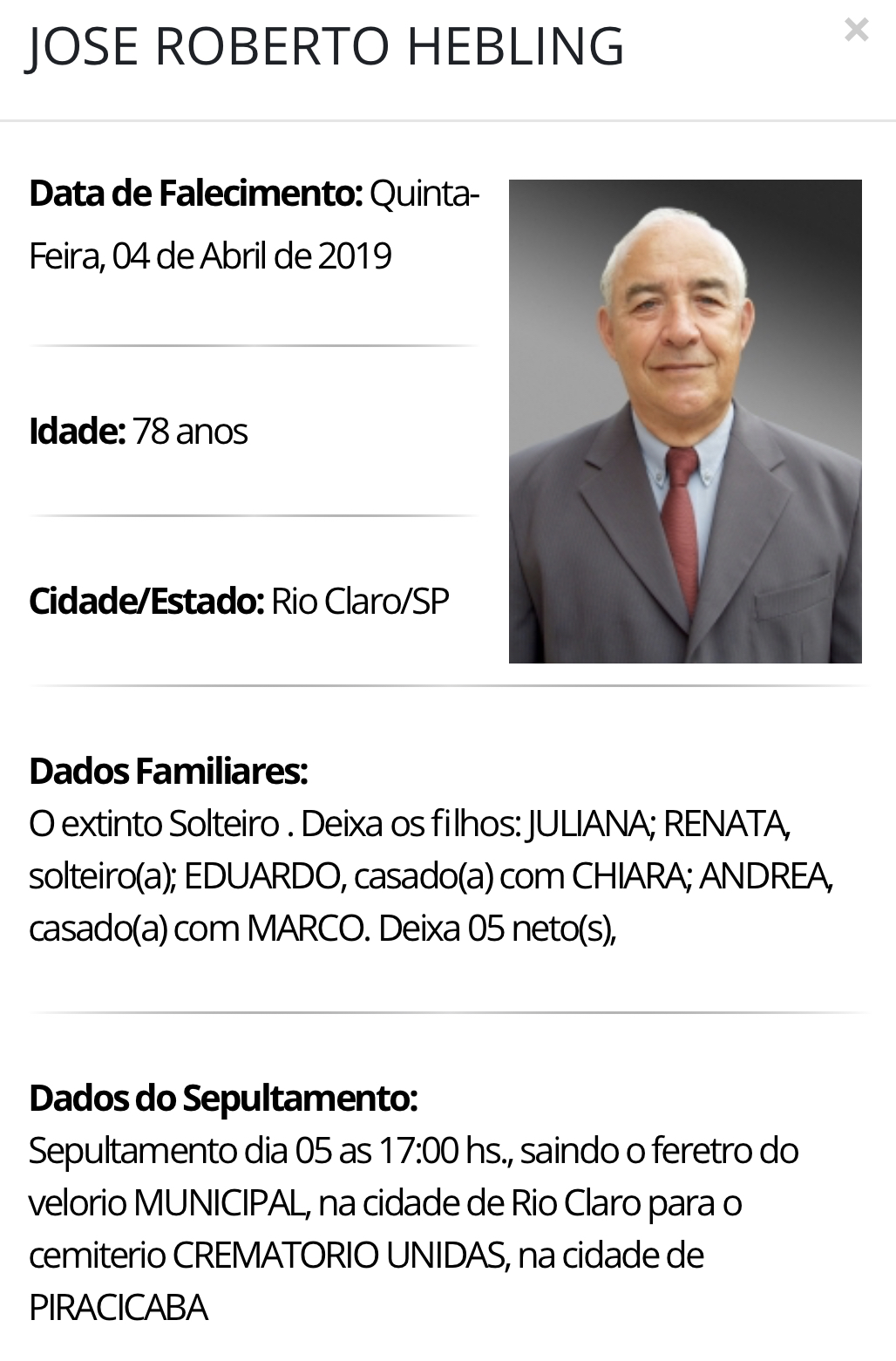 Falecimentos e Sepultamentos – 04/04/2019 – 05/04/2019 - Grupo Rio Claro SP
