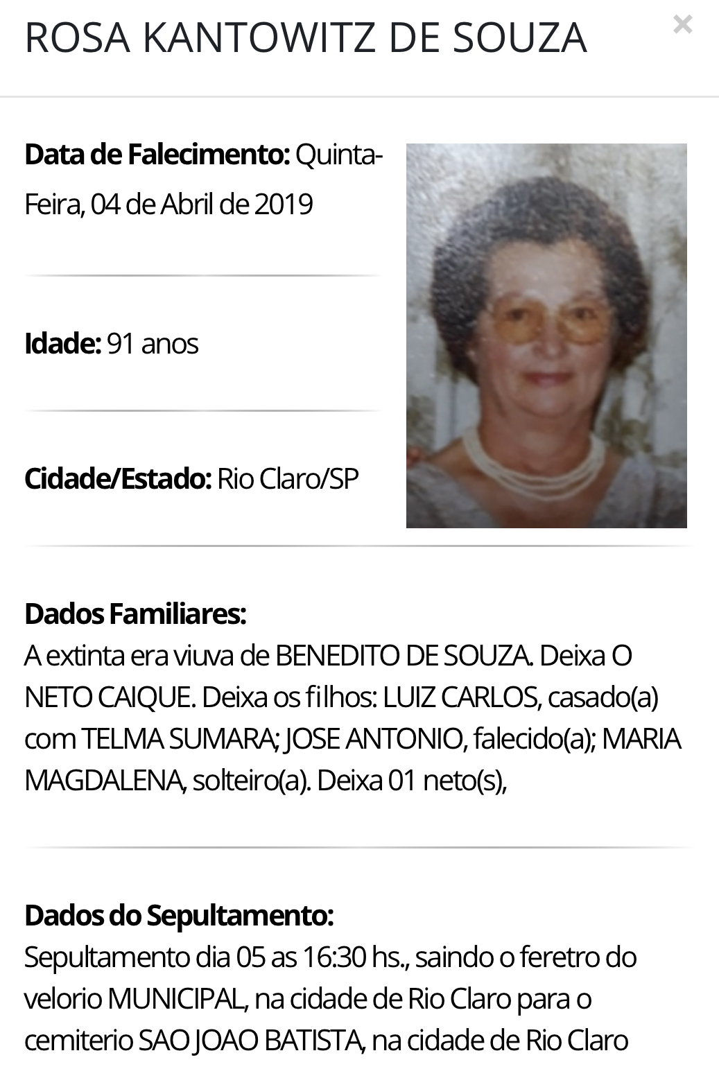 Falecimentos e Sepultamentos – 04/04/2019 – 05/04/2019 - Grupo Rio Claro SP