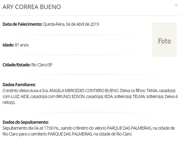 Falecimentos e Sepultamentos – 04/04/2019 – 05/04/2019 - Grupo Rio Claro SP
