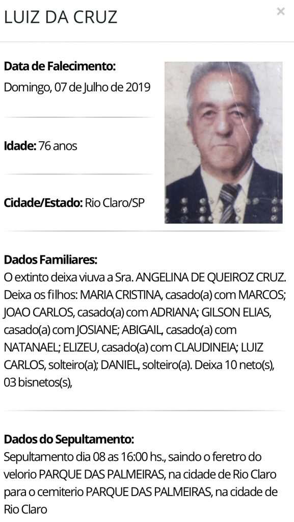 Falecimentos e Sepultamentos – 07/07/2019 – 08/07/2019 - Grupo Rio Claro SP