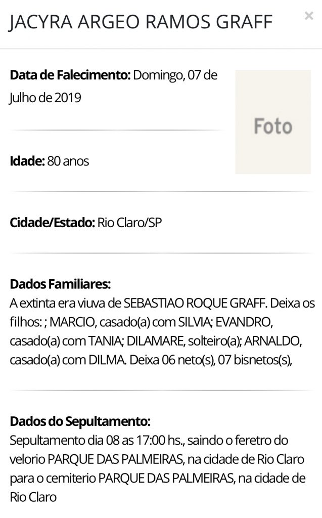 Falecimentos e Sepultamentos – 07/07/2019 – 08/07/2019 - Grupo Rio Claro SP