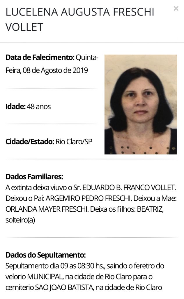 Falecimentos e Sepultamentos – 08/08/2019 – 09/08/2019 - Grupo Rio Claro SP