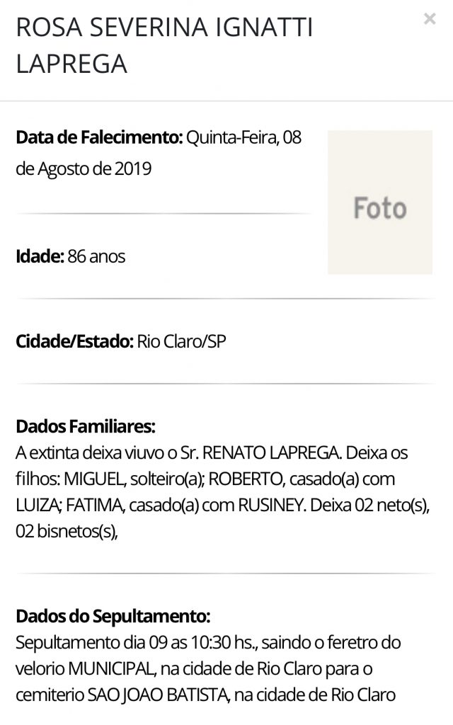 Falecimentos e Sepultamentos – 08/08/2019 – 09/08/2019 - Grupo Rio Claro SP