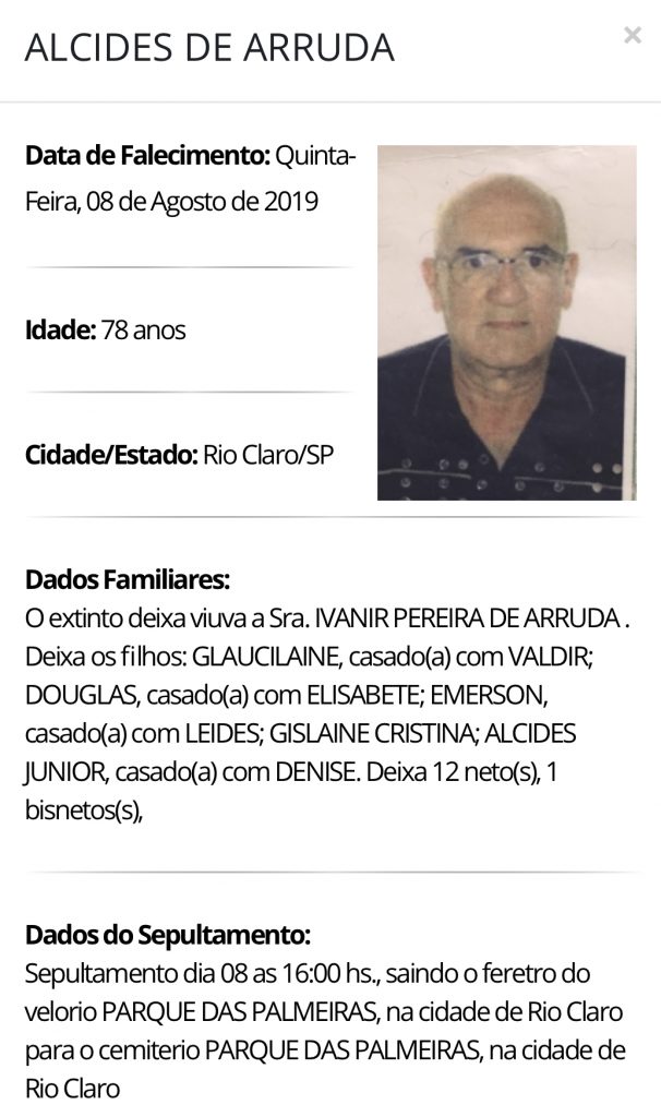 Falecimentos e Sepultamentos – 08/08/2019 – 09/08/2019 - Grupo Rio Claro SP