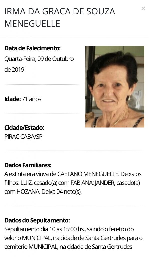 Falecimentos e Sepultamentos – 09/10/2019 – 10/10/2019 - Grupo Rio Claro SP