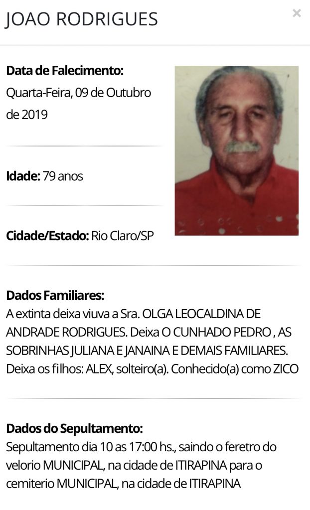 Falecimentos e Sepultamentos – 09/10/2019 – 10/10/2019 - Grupo Rio Claro SP