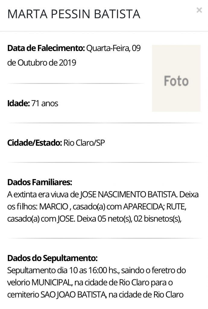 Falecimentos e Sepultamentos – 09/10/2019 – 10/10/2019 - Grupo Rio Claro SP