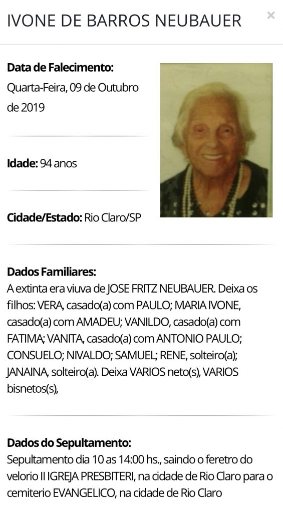 Falecimentos e Sepultamentos – 09/10/2019 – 10/10/2019 - Grupo Rio Claro SP