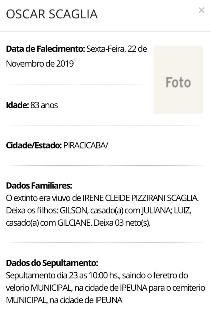 Falecimentos e Sepultamentos – 22/11/2019 – 23/11/2019 - Grupo Rio Claro SP