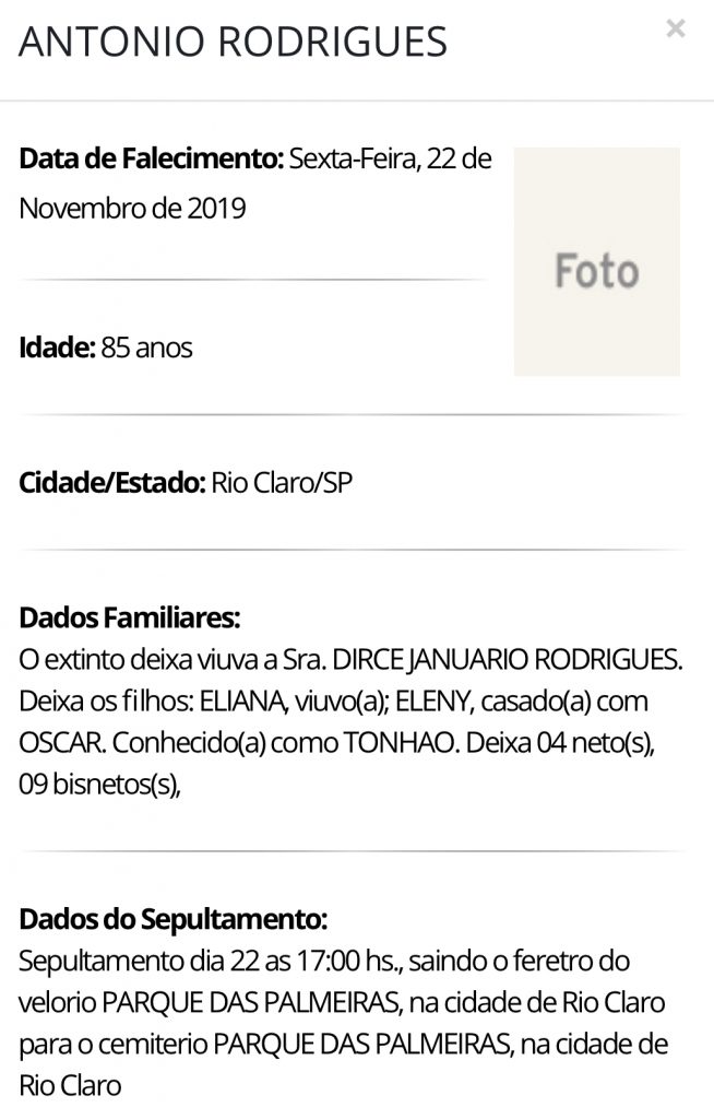 Falecimentos e Sepultamentos – 22/11/2019 – 23/11/2019 - Grupo Rio Claro SP