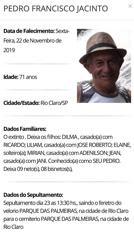 Falecimentos e Sepultamentos – 22/11/2019 – 23/11/2019 - Grupo Rio Claro SP