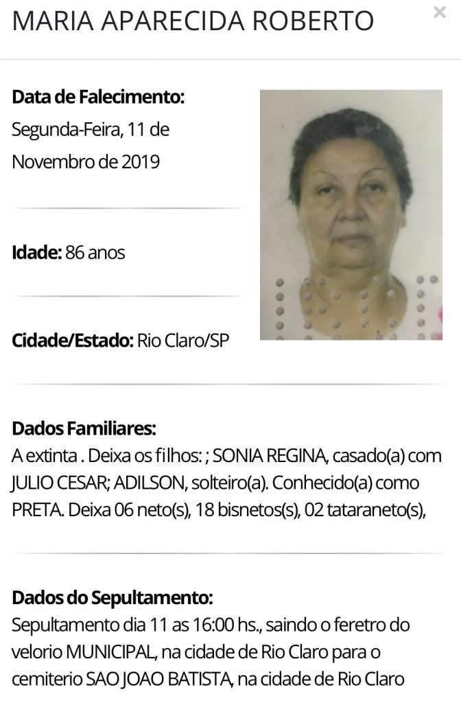 Falecimentos e Sepultamentos – 11/11/2019 – 12/11/2019 - Grupo Rio Claro SP