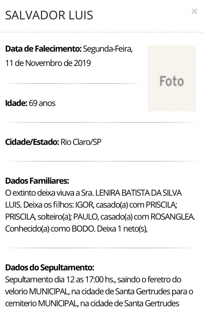 Falecimentos e Sepultamentos – 11/11/2019 – 12/11/2019 - Grupo Rio Claro SP