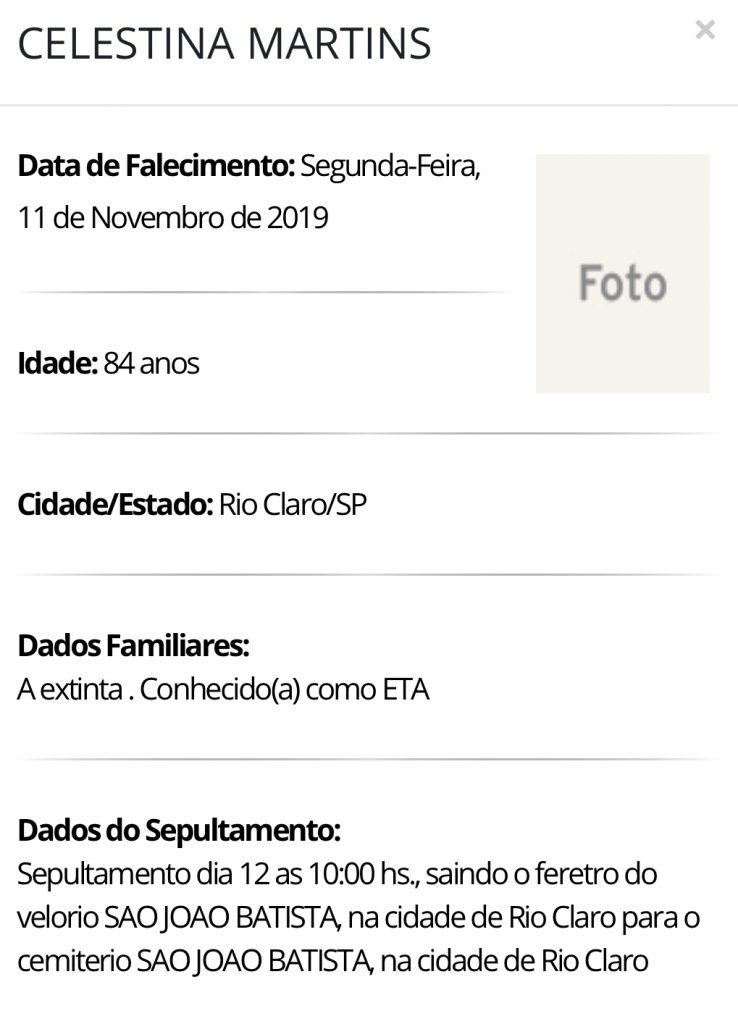 Falecimentos e Sepultamentos – 11/11/2019 – 12/11/2019 - Grupo Rio Claro SP