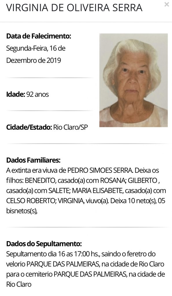 Falecimentos e Sepultamentos – 16/12/2019 – 17/12/2019 - Grupo Rio Claro SP