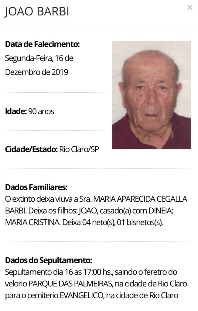 Falecimentos e Sepultamentos – 16/12/2019 – 17/12/2019 - Grupo Rio Claro SP