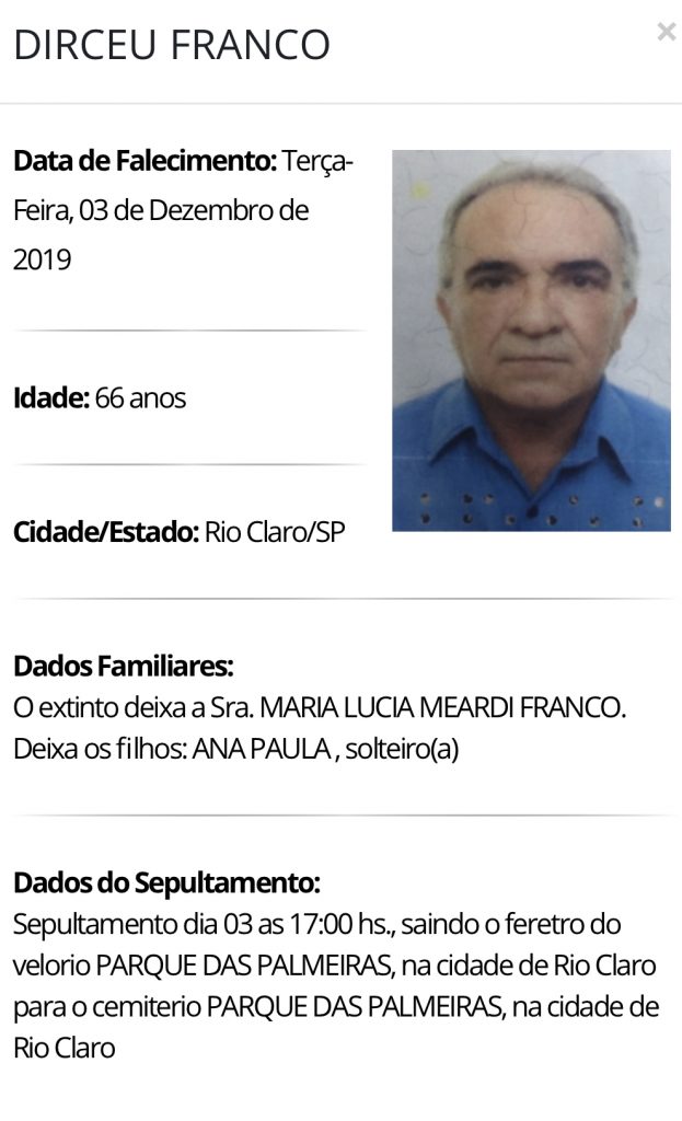 Falecimentos e Sepultamentos – 03/12/2019 – 04/12/2019 - Grupo Rio Claro SP
