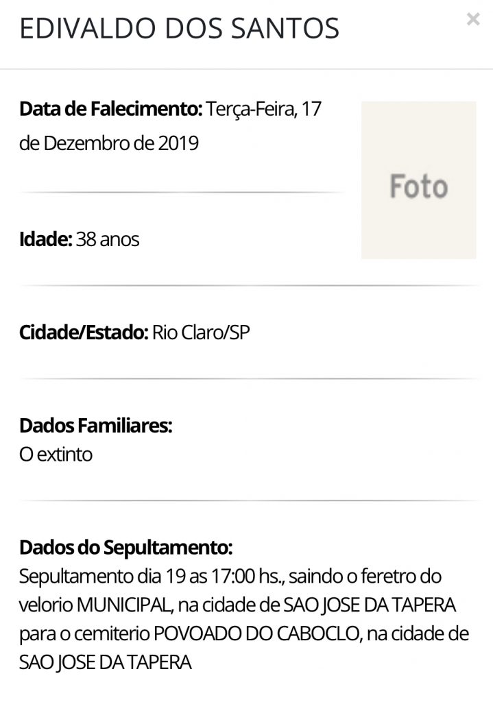 Falecimentos e Sepultamentos – 17/12/2019 – 18/12/2019 - Grupo Rio Claro SP