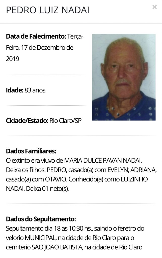 Falecimentos e Sepultamentos – 17/12/2019 – 18/12/2019 - Grupo Rio Claro SP