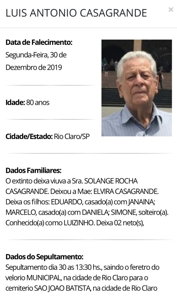 Falecimentos e Sepultamentos – 30/12/2019 – 31/12/2019 - Grupo Rio Claro SP