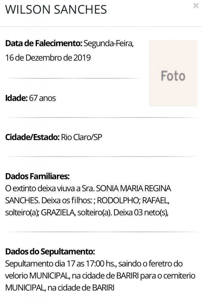Falecimentos e Sepultamentos – 16/12/2019 – 17/12/2019 - Grupo Rio Claro SP