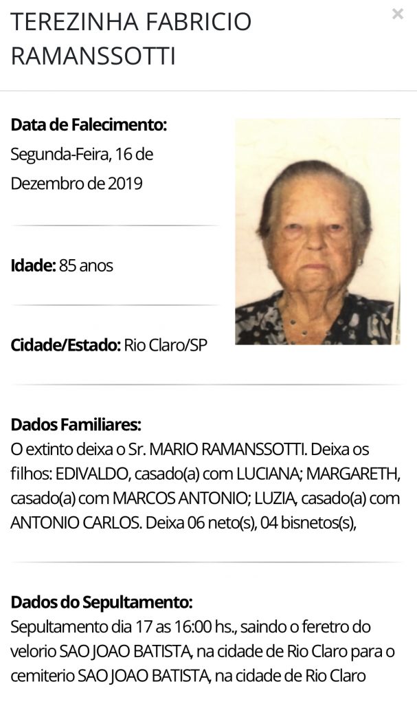 Falecimentos e Sepultamentos – 16/12/2019 – 17/12/2019 - Grupo Rio Claro SP